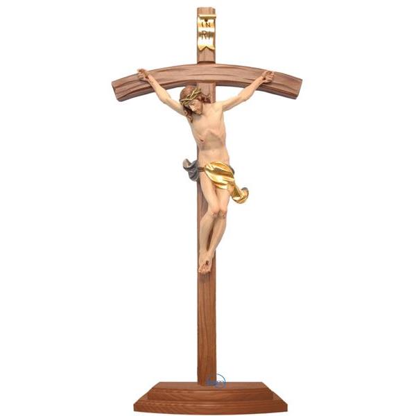 Crucifijo con base-Cuerpo de Cristo sobre cruz curva esculpida - COLOR