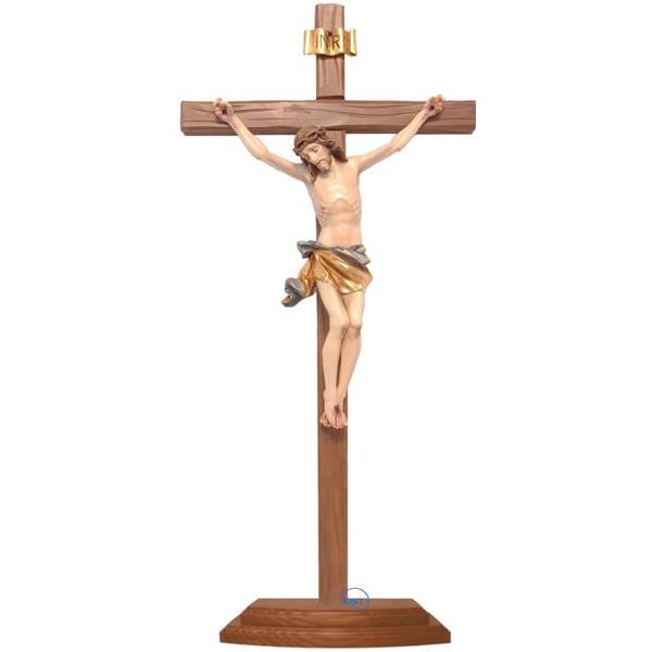 Crucifijo con base-Cuerpo de Cristo sobre cruz recta esculpida - COLOR