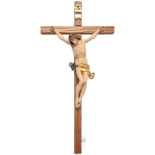 Crucifijo-Cuerpo de Cristo sobre cruz recta esculpida - COLOR