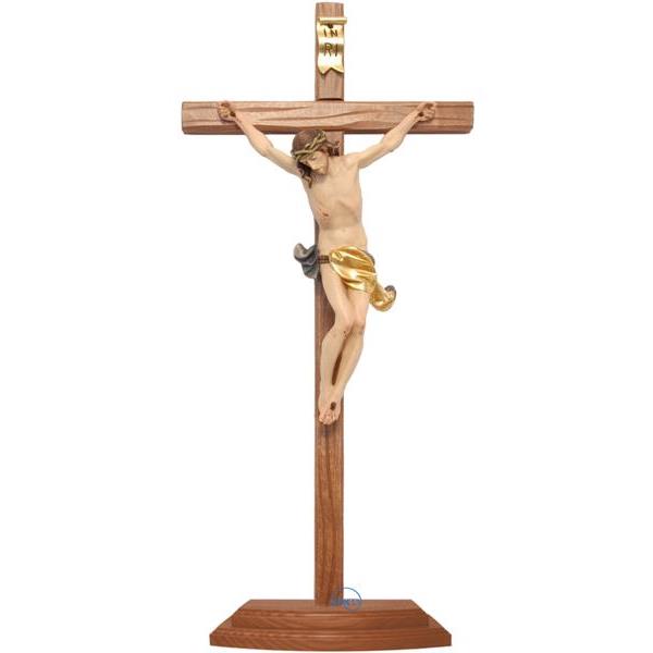Crucifijo con base-Cuerpo de Cristo sobre cruz recta esculpida - COLOR